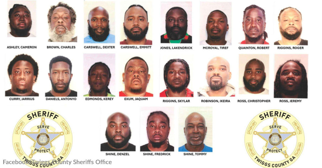 Collage of multiple mugshots displayed in rows with names beneath each person and sheriff’s office badges at the bottom corners.