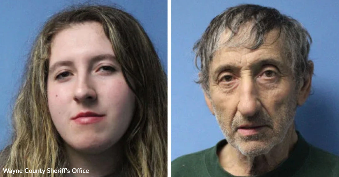 Side-by-side mugshots show a young woman and an older man against a blue background.