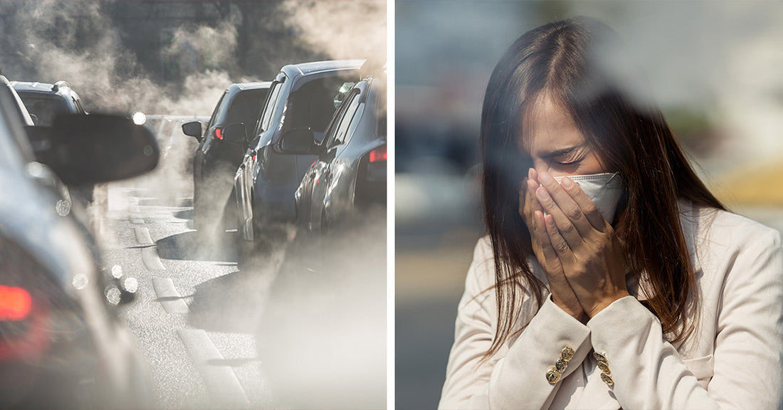 Split image of traffic emitting heavy exhaust on one side and a masked woman covering her face outdoors on the other.