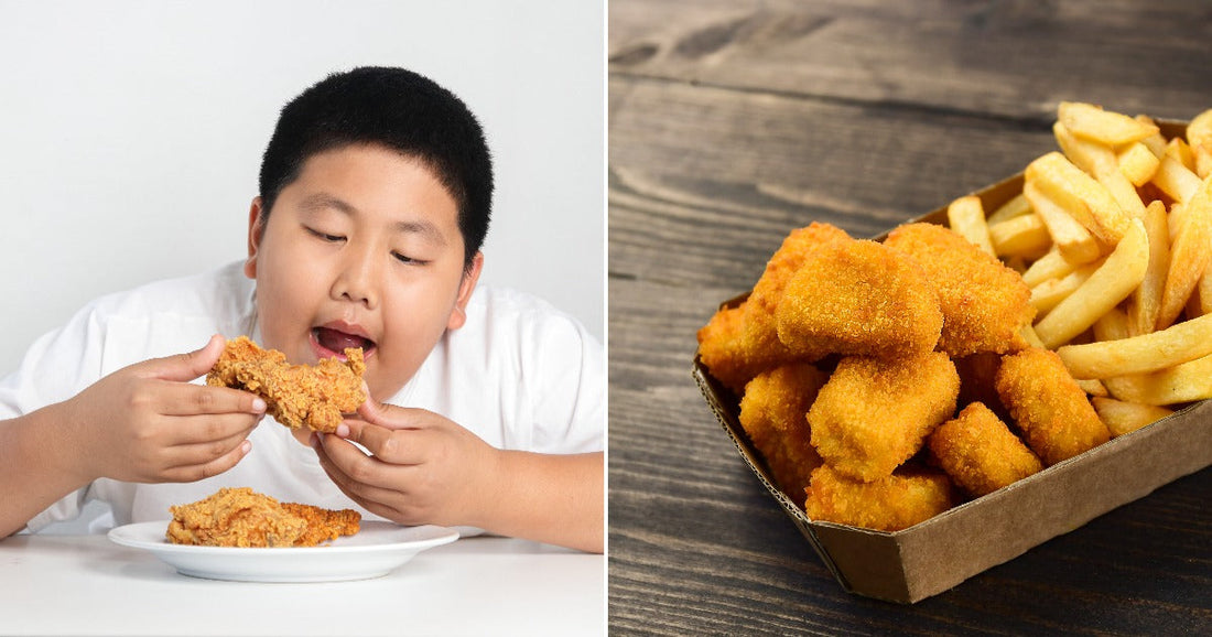 Side-by-side photos of a boy eating fried chicken and a tray of chicken nuggets and French fries.
