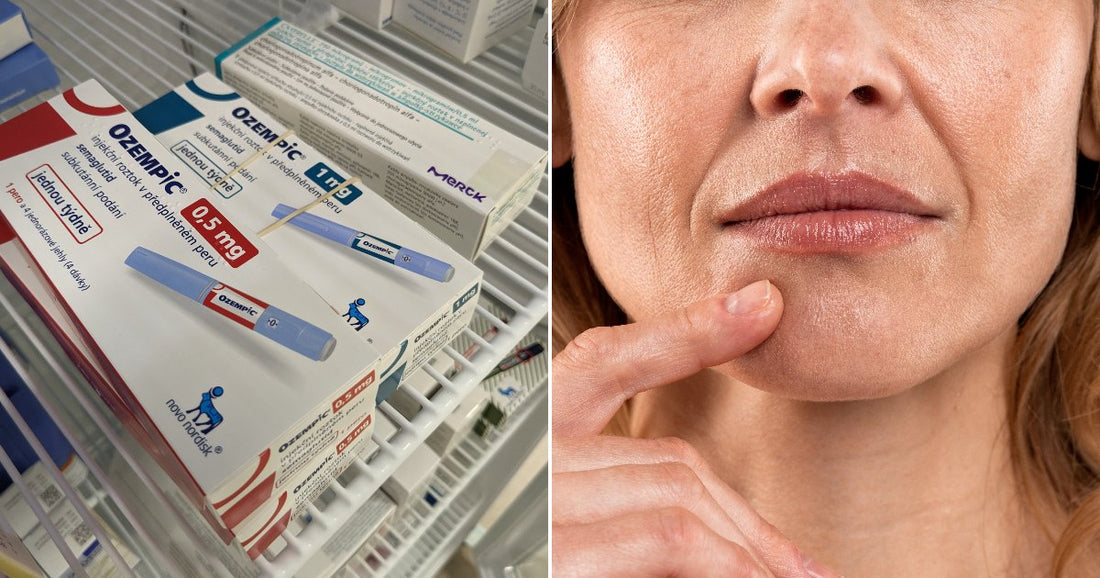 On the left, boxes of Ozempic medication sit stacked on pharmacy shelves; on the right, a middle-aged blonde woman touches her chin against a neutral background.