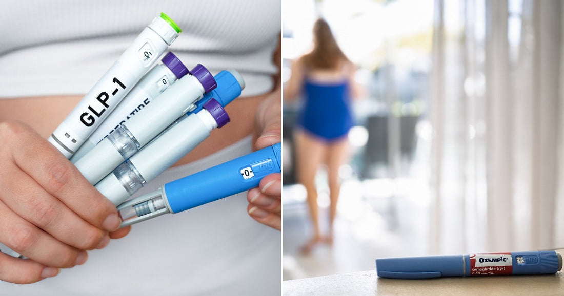 On the left, a person holds multiple GLP-1 injectable pen devices; on the right, an Ozempic semaglutide injection pen rests on a surface indoors.