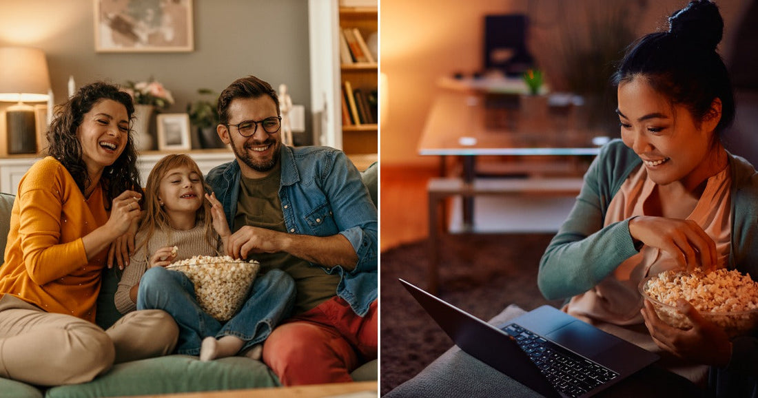 On the left, a family of three laughs on a couch sharing popcorn; on the right, a young woman smiles at a laptop while holding a popcorn bowl.