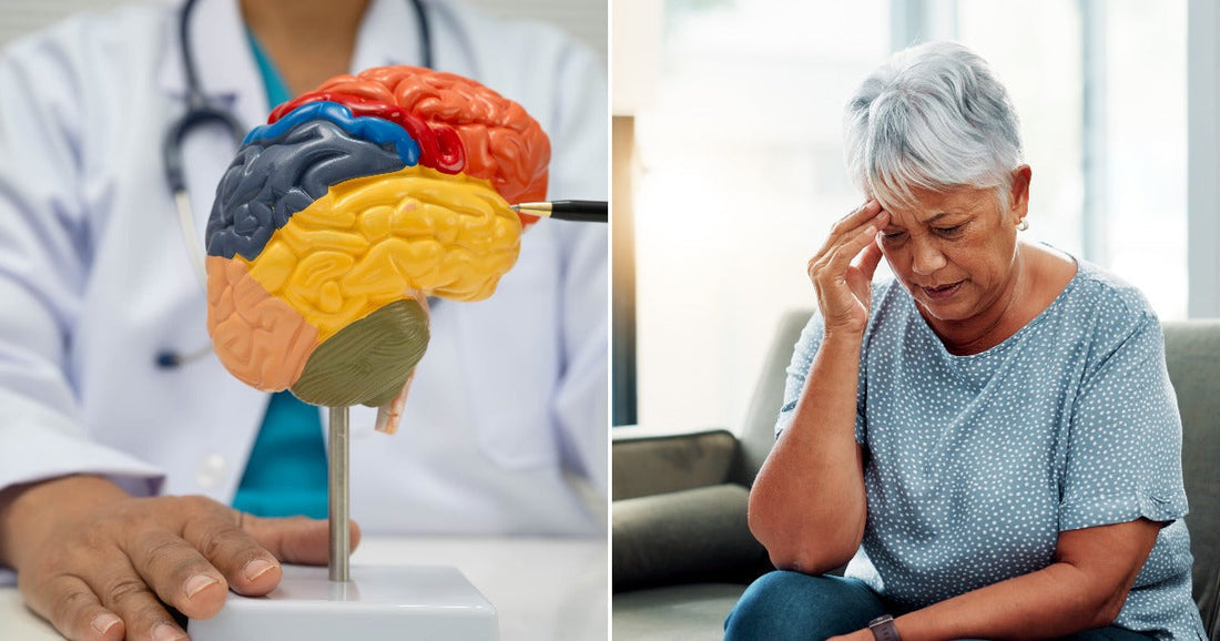 On the left, a doctor points to a colorful brain model; on the right, an older woman with gray hair holds her temple, appearing distressed.