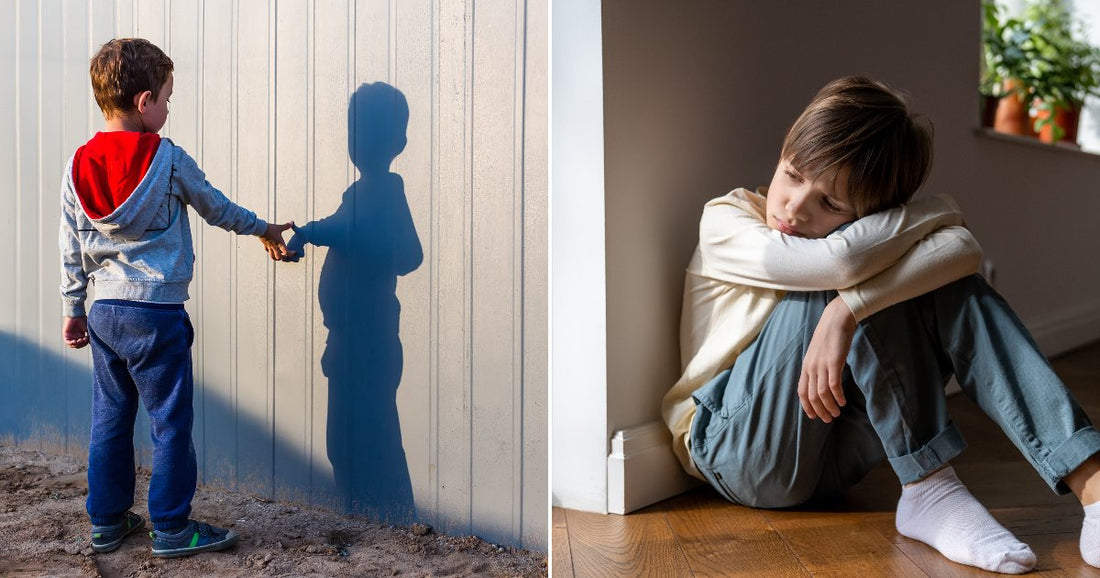 On the left, a young boy reaches out to touch his shadow on a metal wall outdoors; on the right, a child sits alone on a floor, hugging his knees.