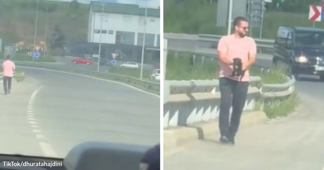Split image showing a man walking along the shoulder of a highway and then standing by the guardrail holding a small animal carrier.