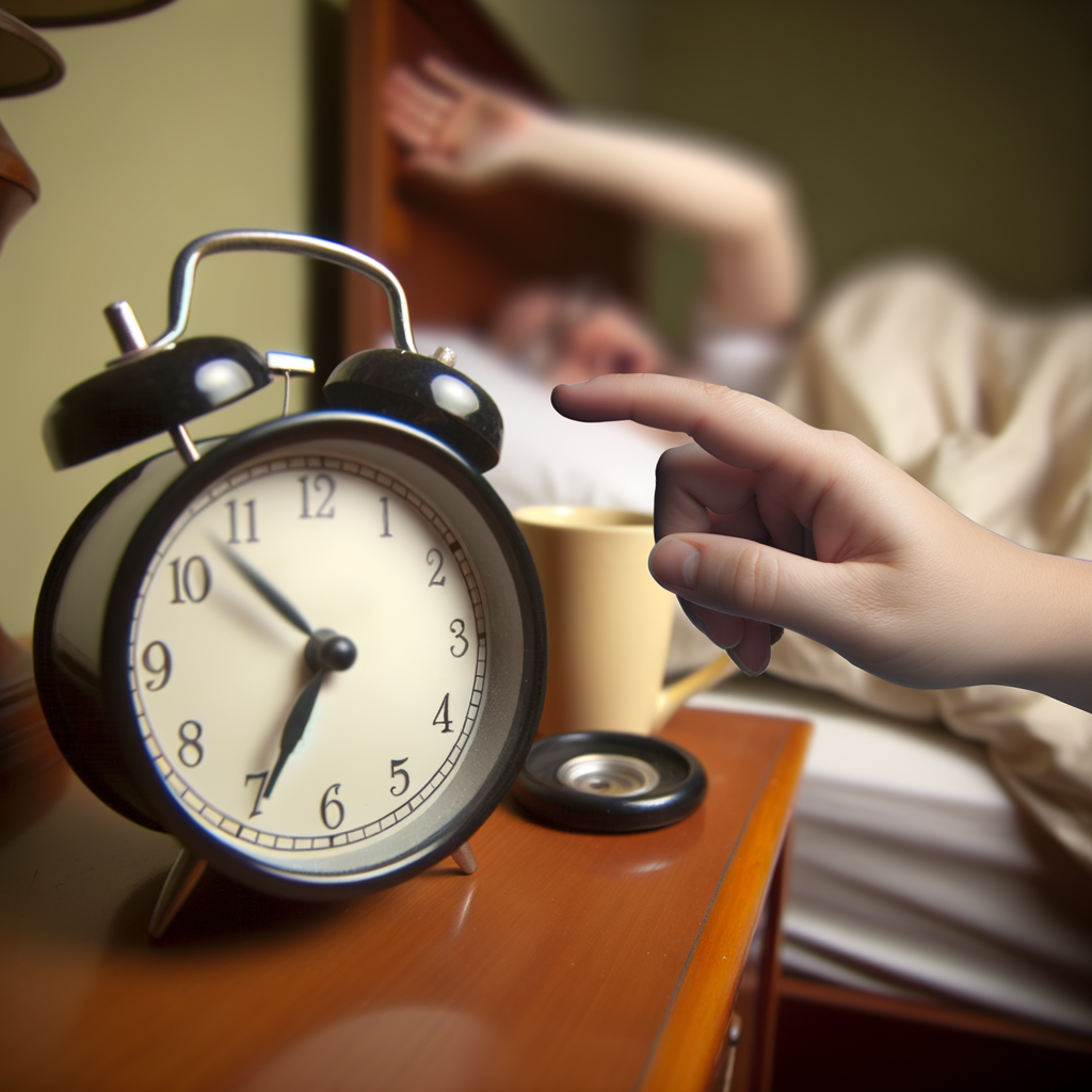 Person hitting snooze button on alarm clock
