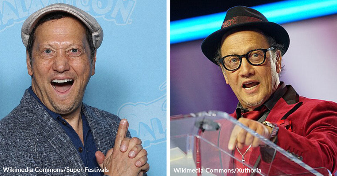 Split image of Rob Schneider, wearing a blue shirt and tan cap in the left image, and a red jacket and black hat in the right image.