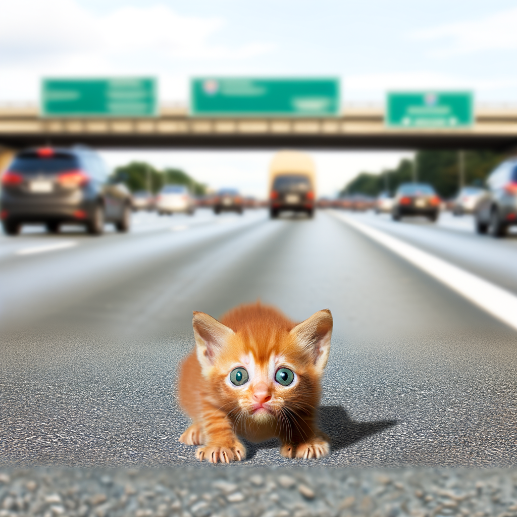 A scared kitten on an empty highway.