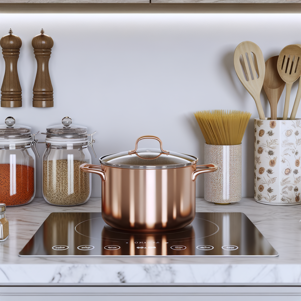 Copper pot on an induction stove with kitchen utensils.