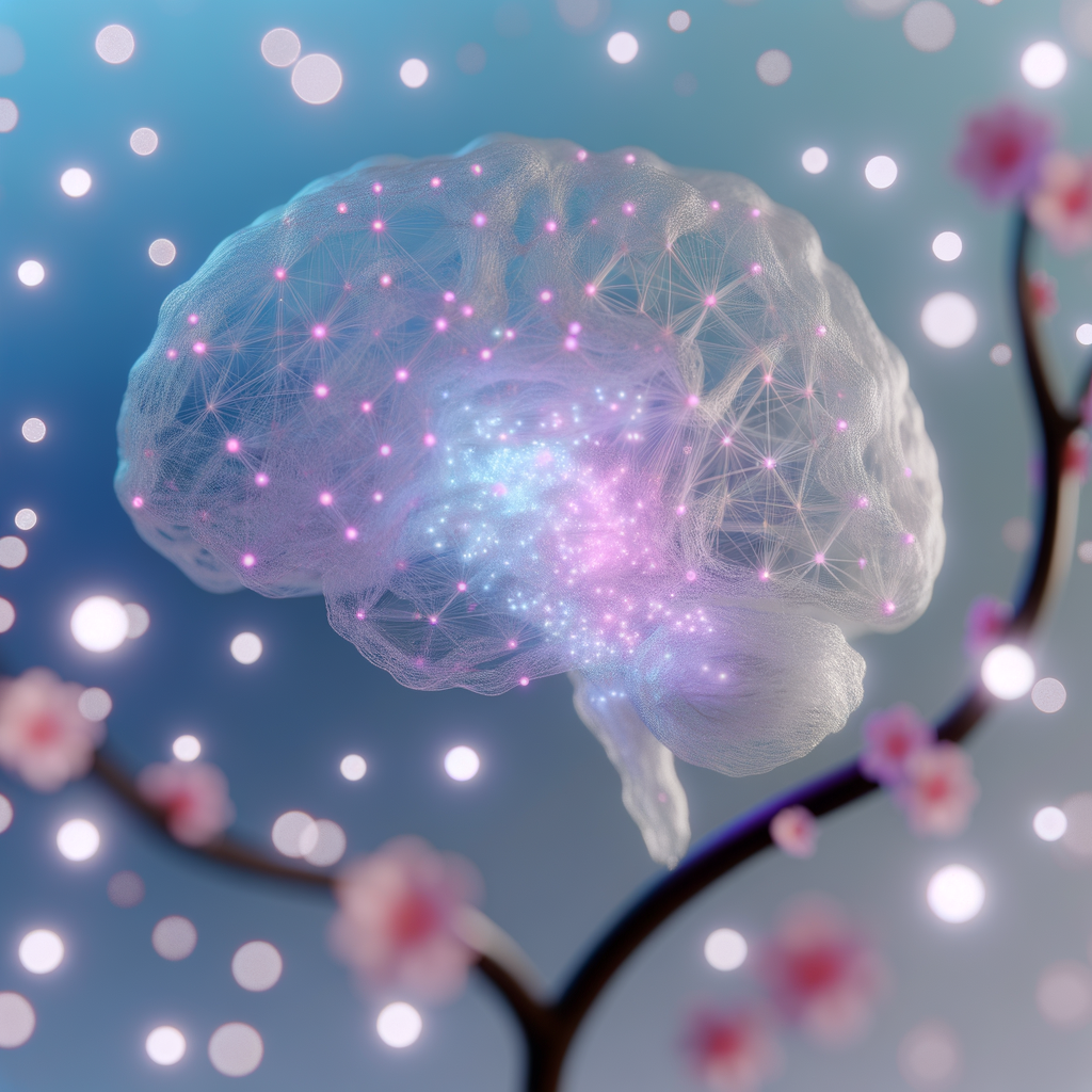 A glowing brain surrounded by pink blossoms and lights.