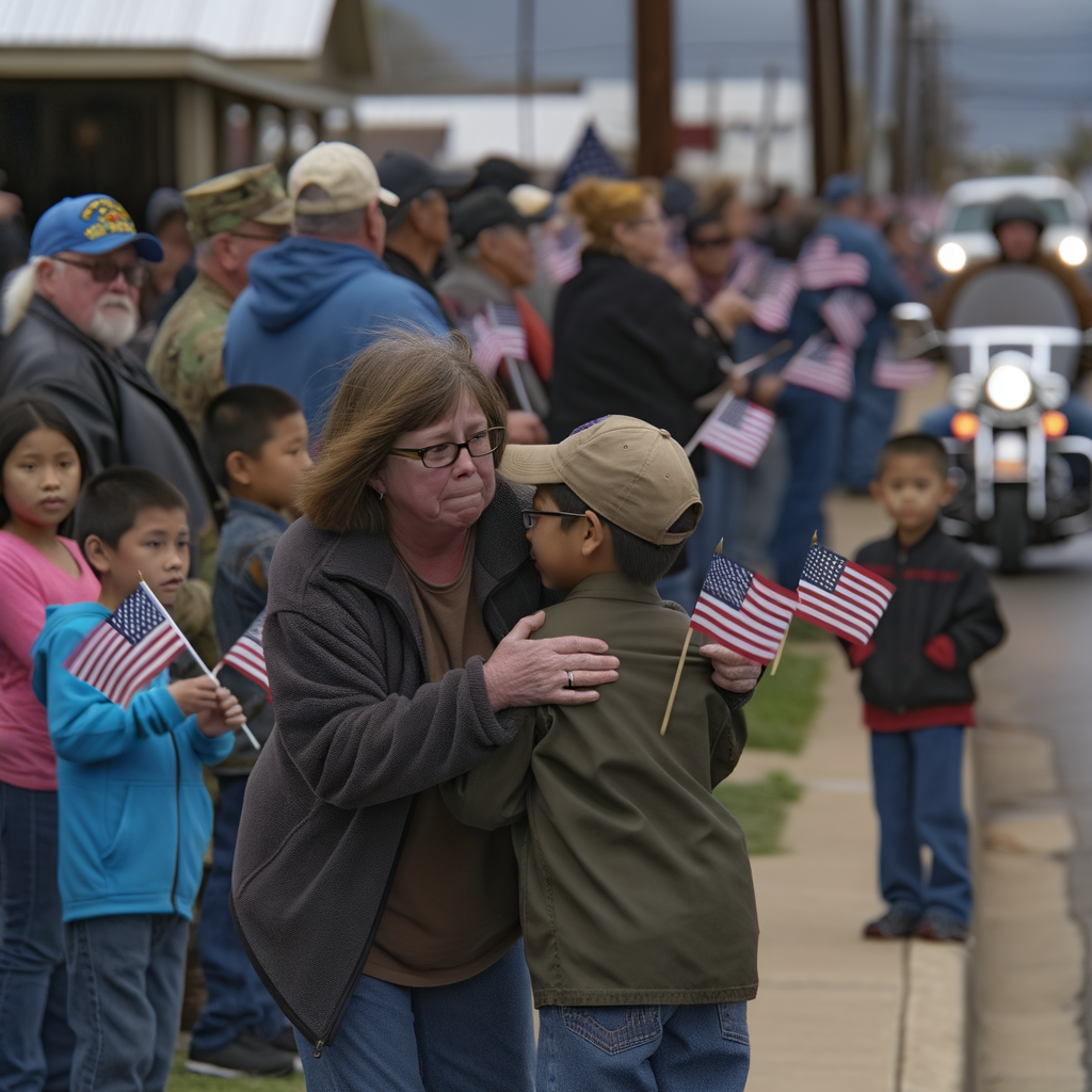 Woman embraces a child during a patriotic event.