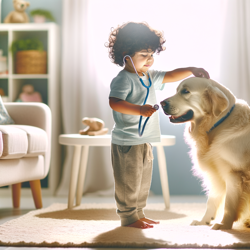 Child playfully examines a dog with a stethoscope.