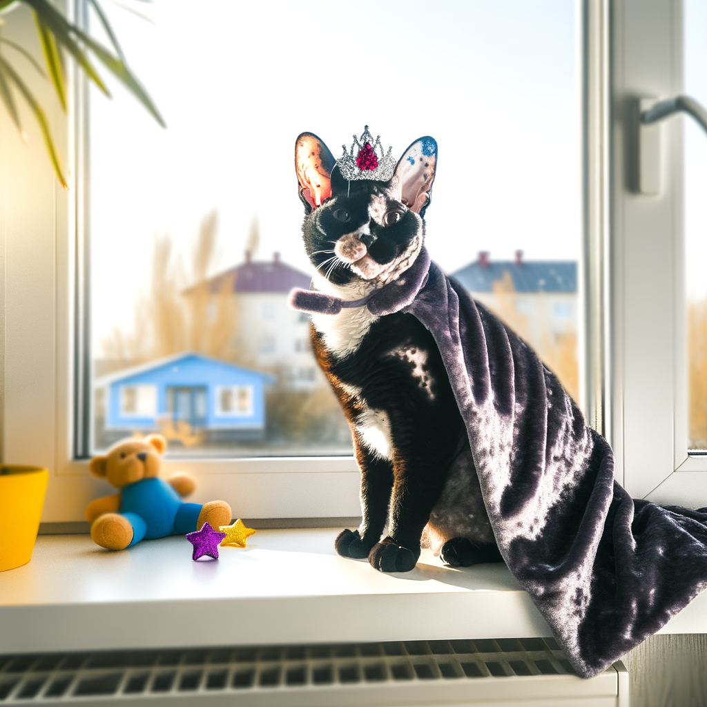 Cat wearing a crown and cape by the window.