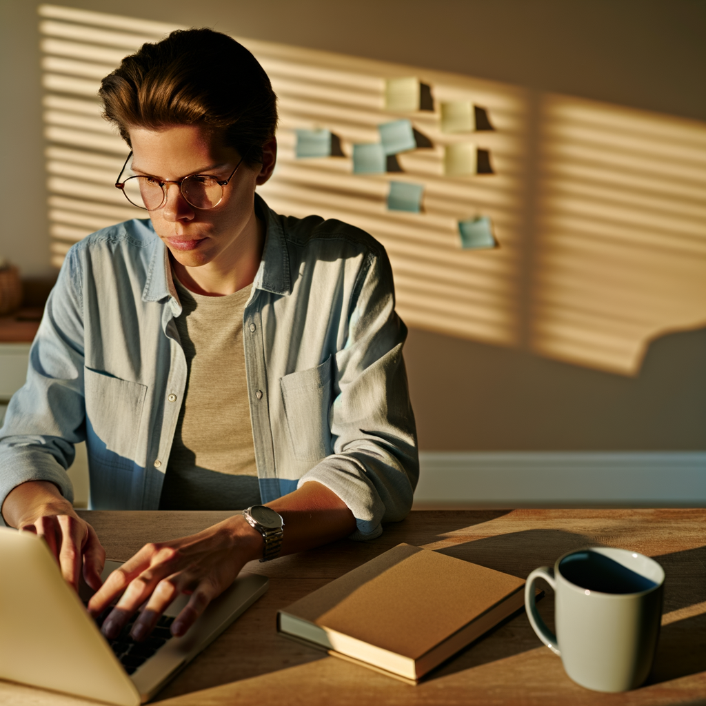 Person writing on a laptop in soft evening light.