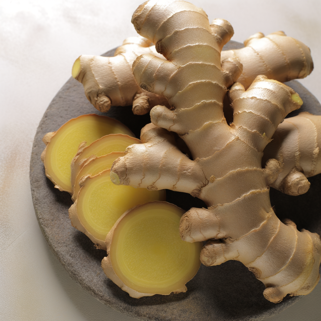 Fresh ginger root and sliced pieces on a plate.