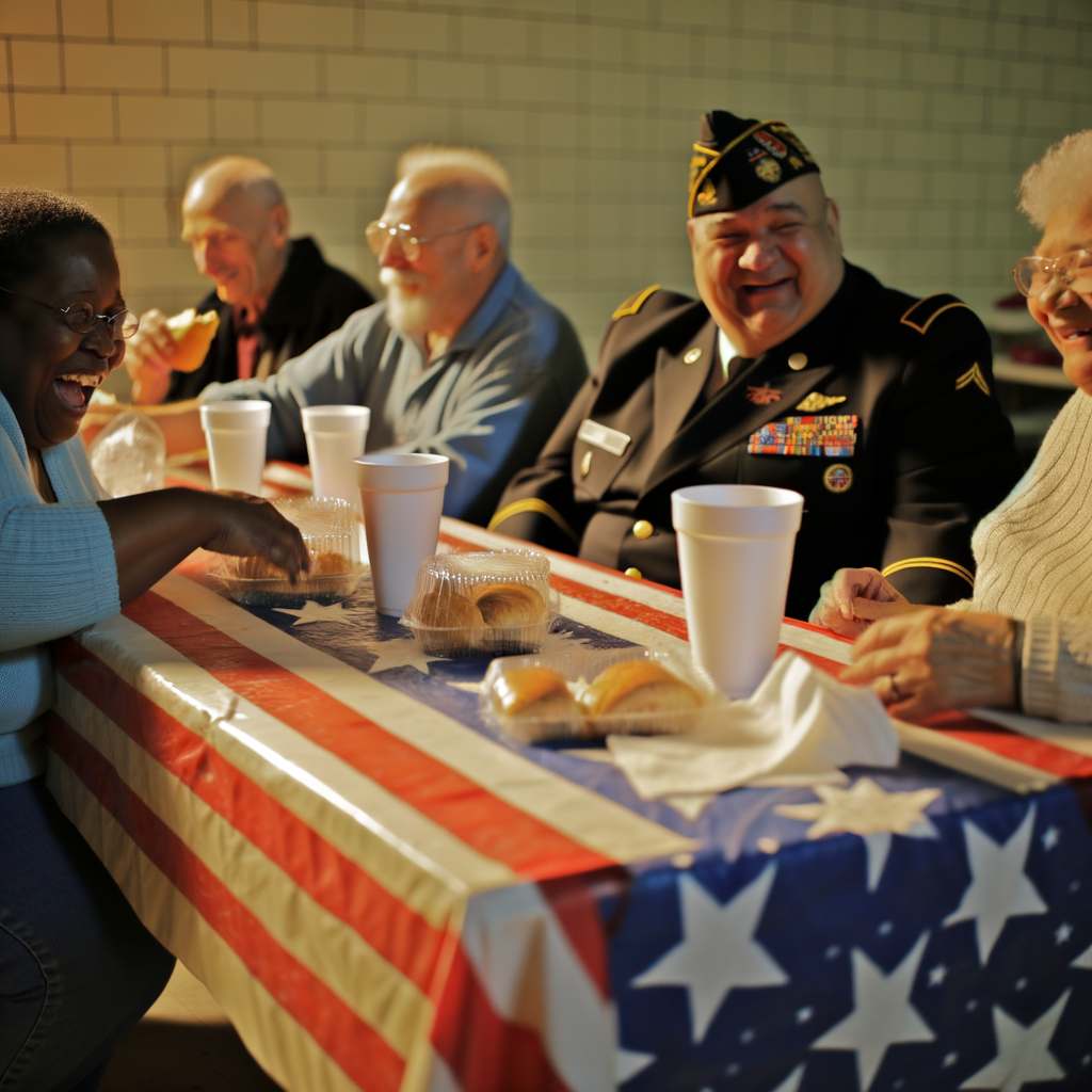Group of people enjoying a meal and laughter together.