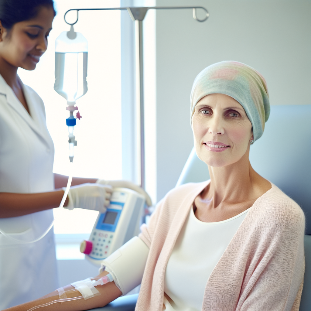 Cancer patient receiving treatment with supportive nurse.