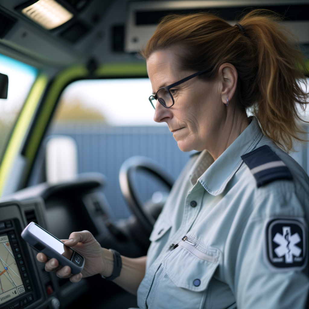 Paramedic focused on her device in an ambulance.