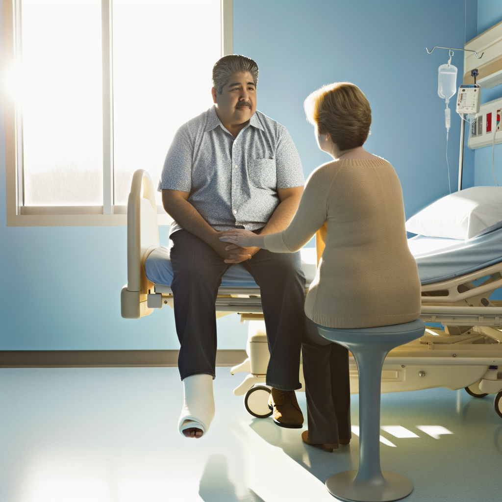 Patient sitting in hospital bed with supportive visitor.