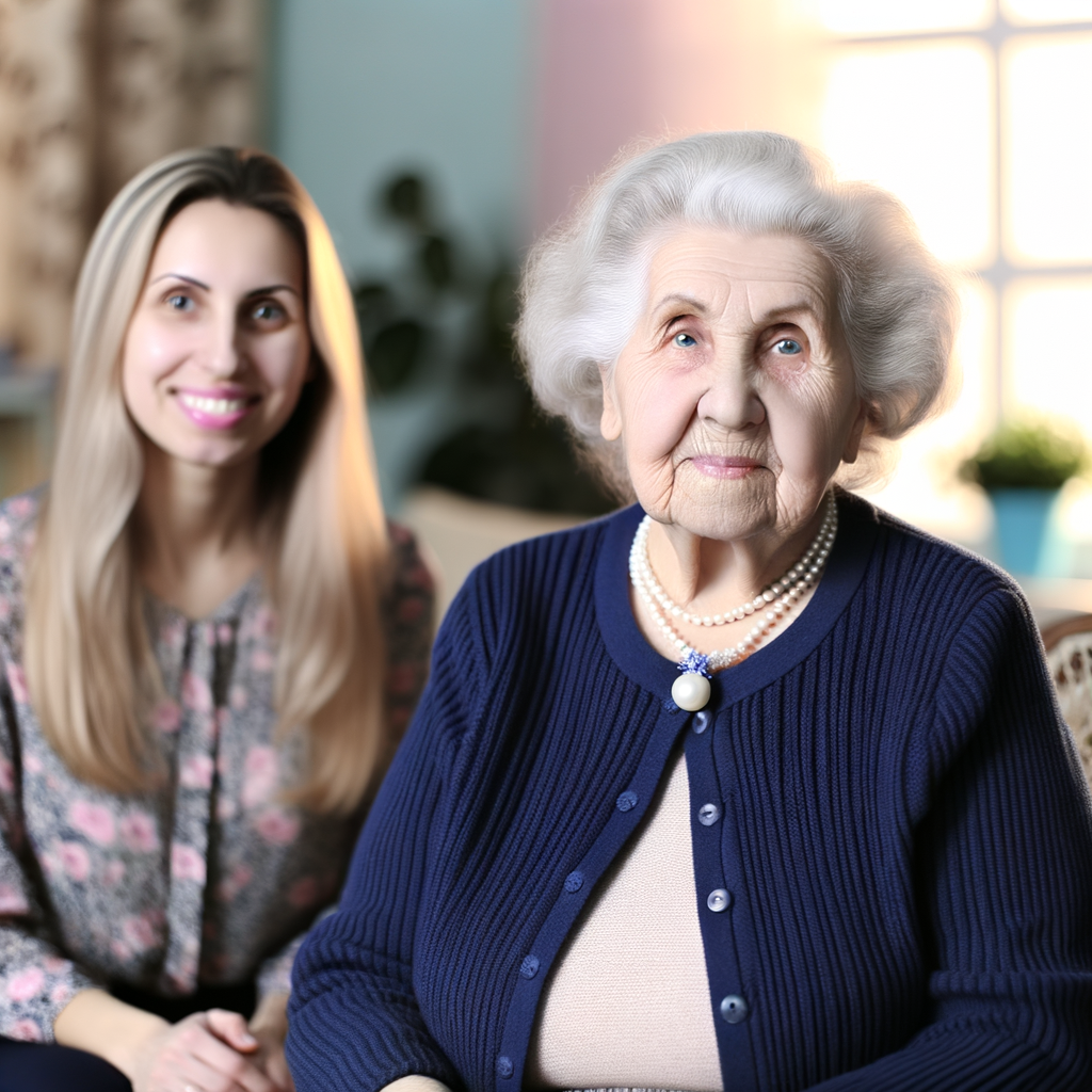 A senior woman and a younger woman smiling together.
