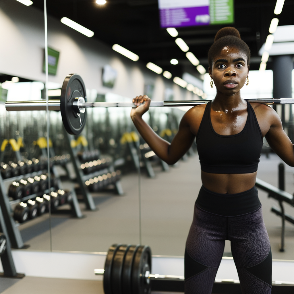 Woman lifting weights in a modern gym setting.