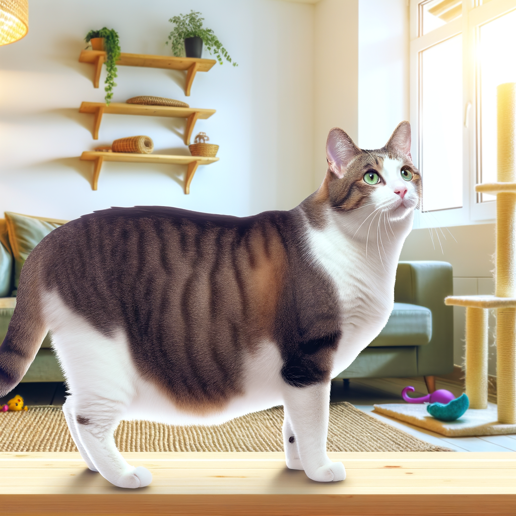 A curious cat standing in a bright living room.