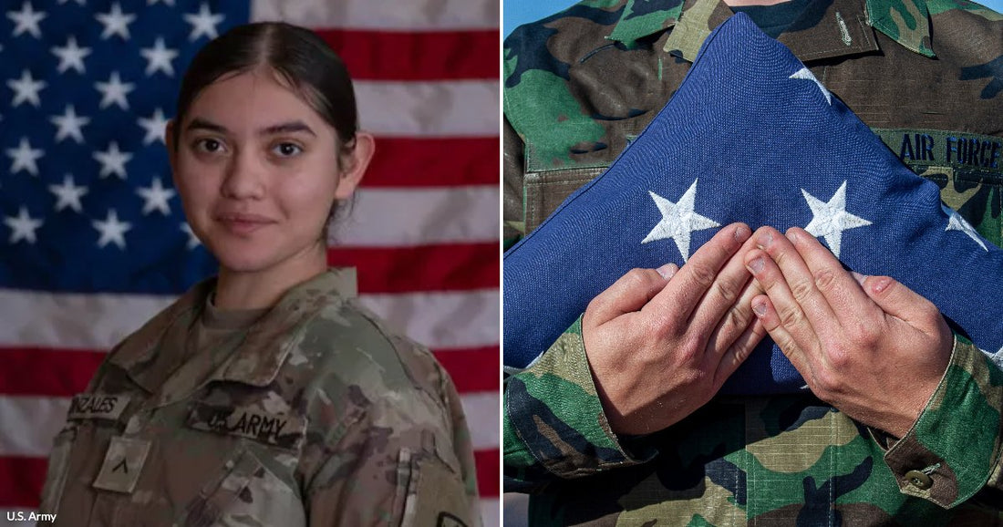 Portrait of a young U.S. Army soldier in uniform standing in front of an American flag.
