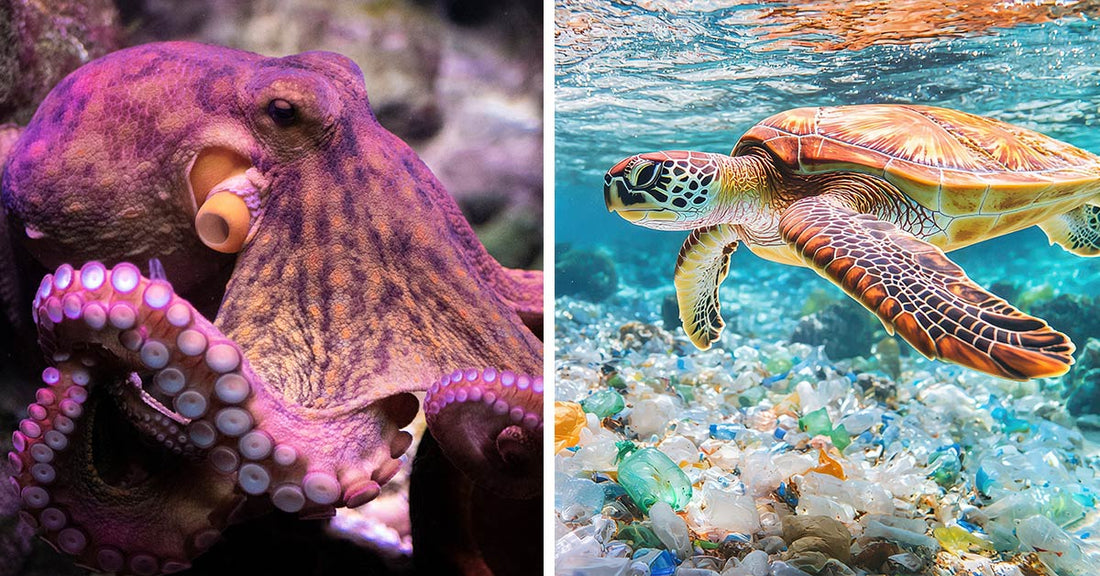 Split image showing a close-up of an octopus on the left and a sea turtle swimming over plastic waste on the right.