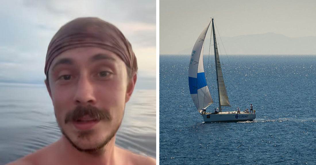 A side-by-side image showing a man in a bandana taking a selfie at sea on the left, and a white sailboat with blue accents sailing across open water on the right.