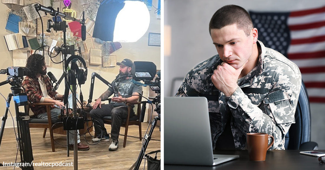 Split image showing a podcast interview set on the left and a soldier in camouflage working thoughtfully on a laptop on the right.