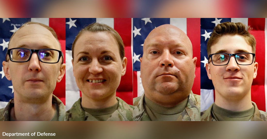 Four U.S. Army service members posing in front of an American flag for official portraits.