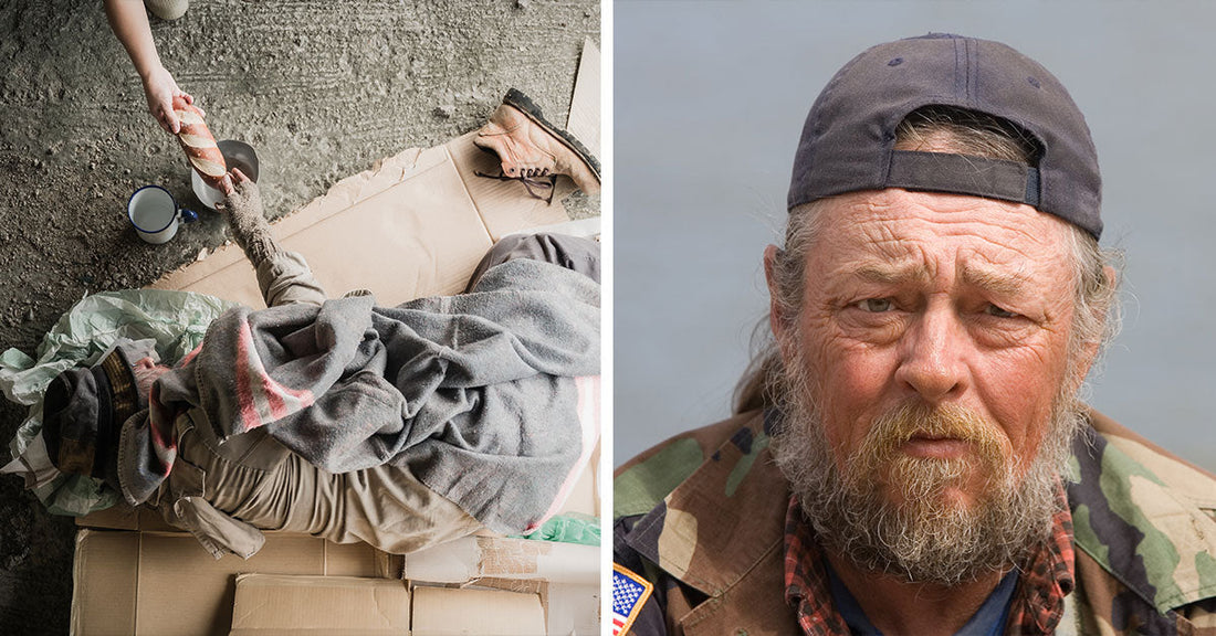 Split image showing a person lying on cardboard while receiving bread from another hand beside a close-up portrait of an older bearded man wearing a cap and camouflage jacket.