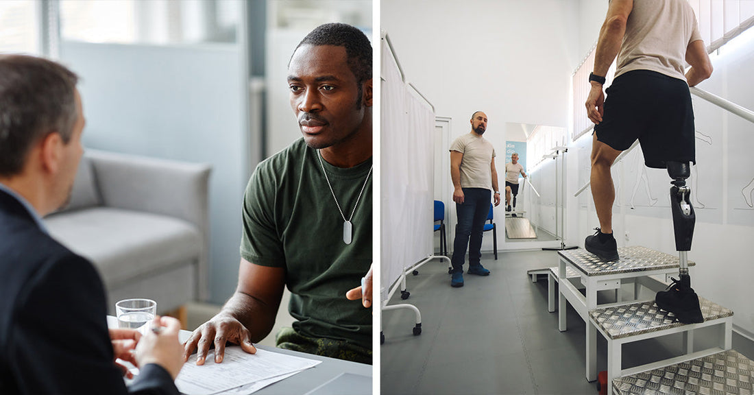 Split image showing a veteran meeting with an official at a desk on the left and a person with a prosthetic leg using rehab stairs on the right.