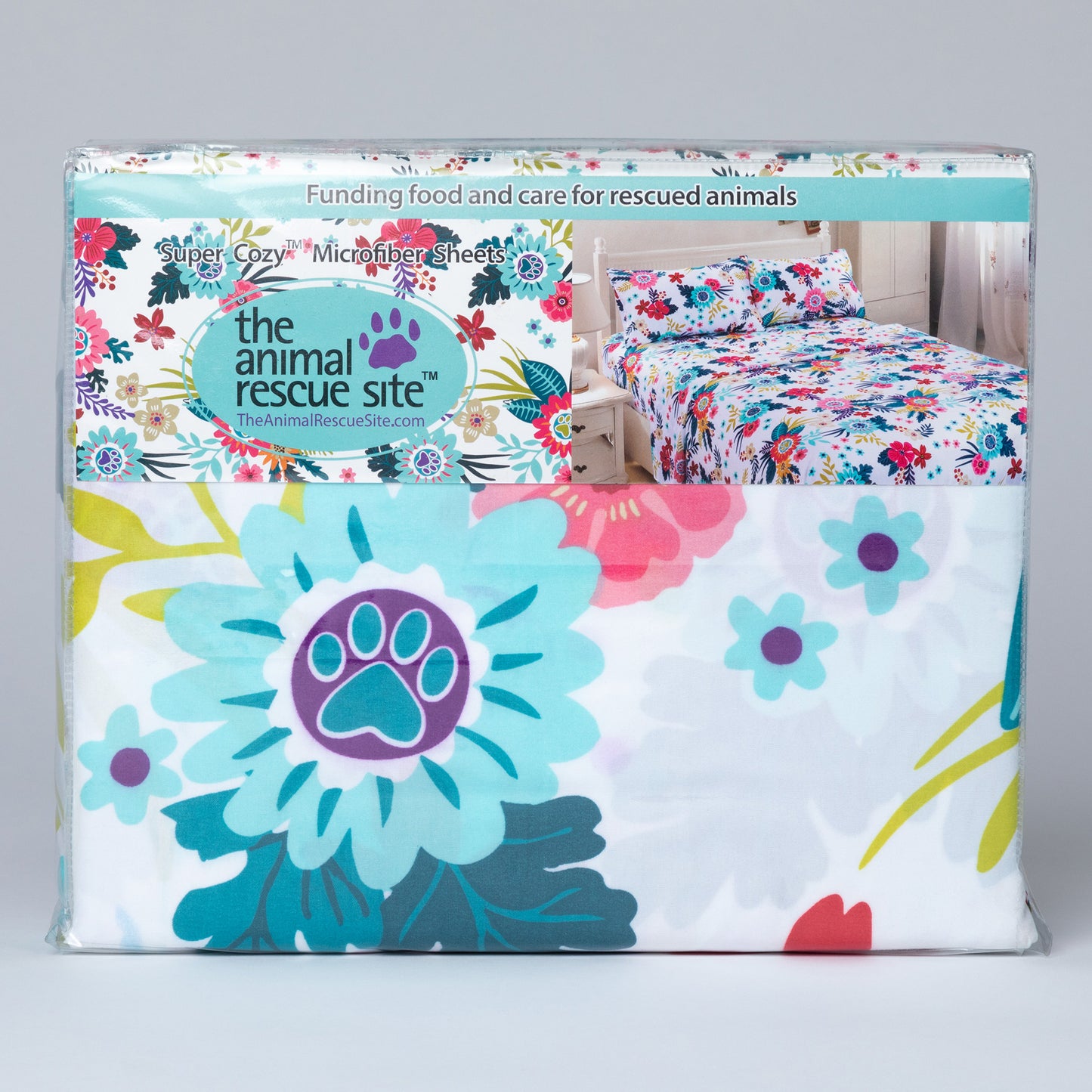 Garden of Paws microfiber sheet set with bright color floral an fauna design in clear packaging