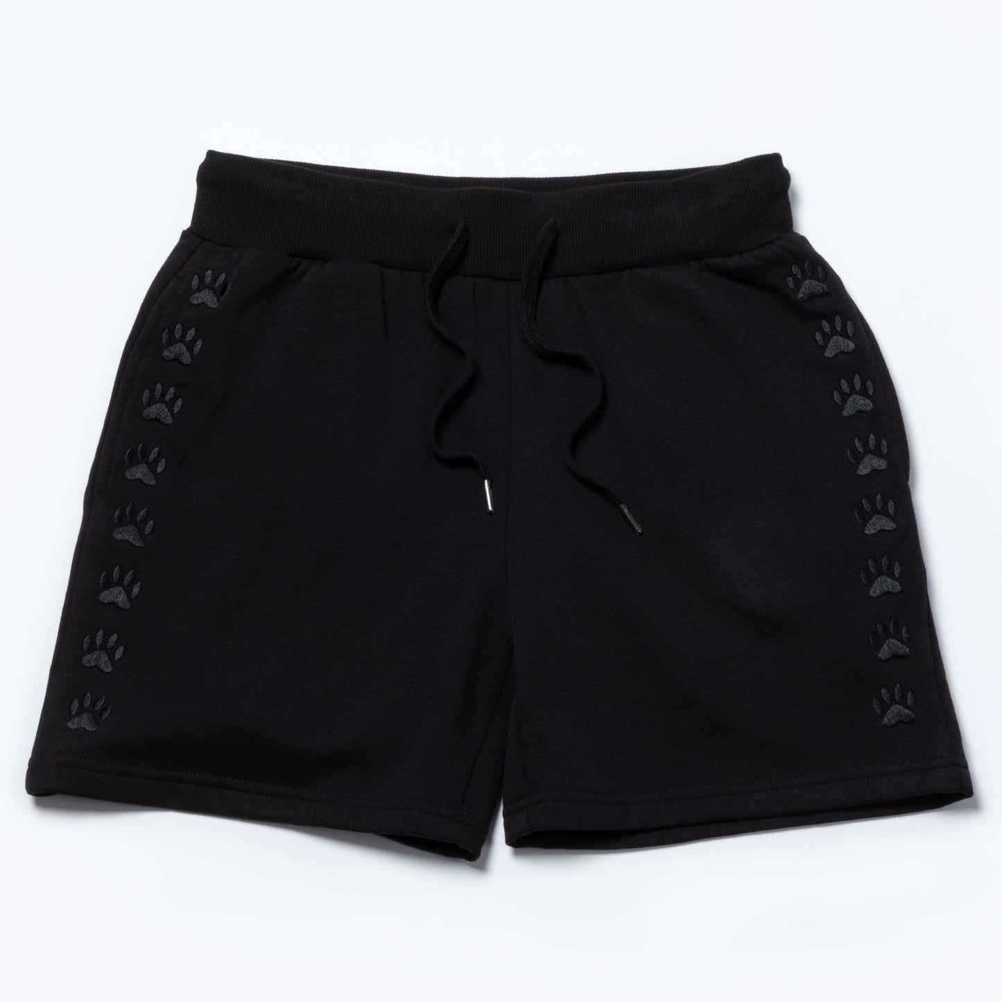 Black shorts featuring paw print details along the sides. Comfortable and stylish.