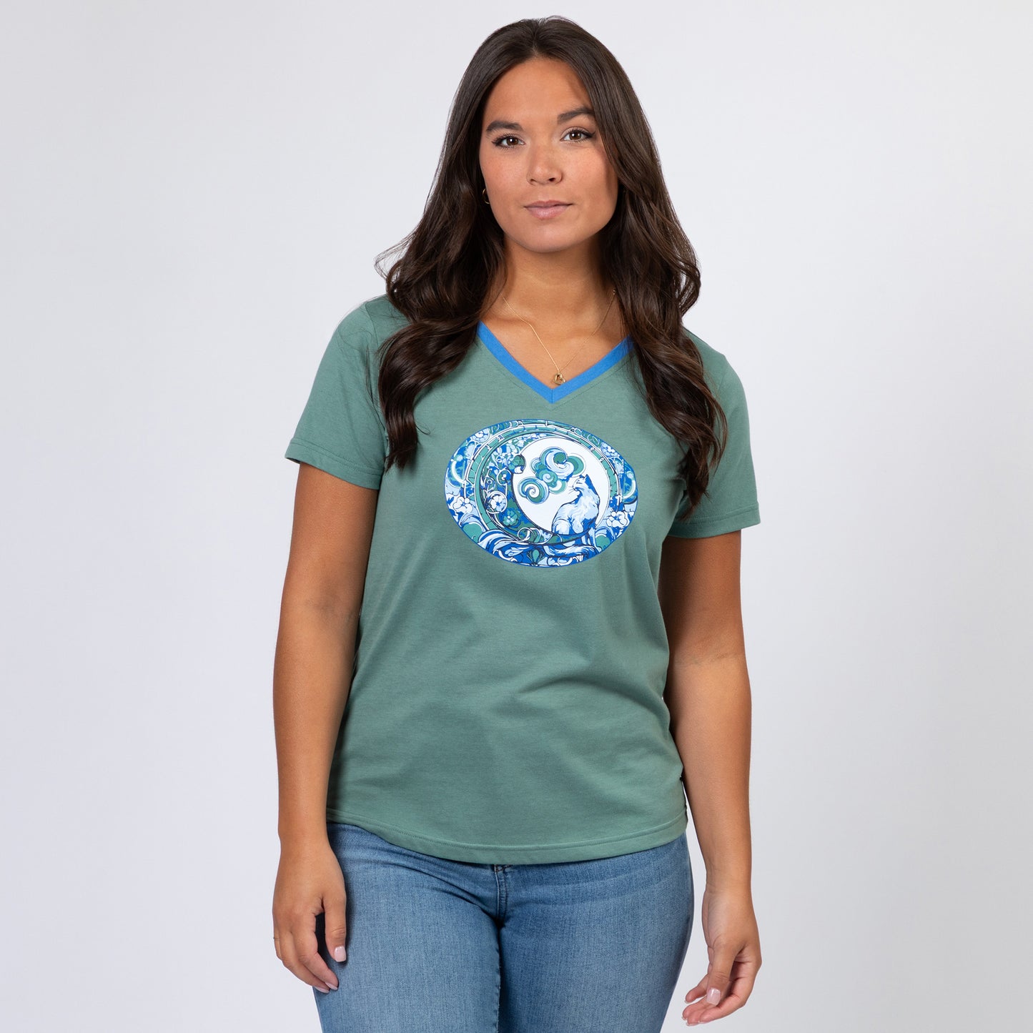 Cat & Moon Contrast V-Neck Tee