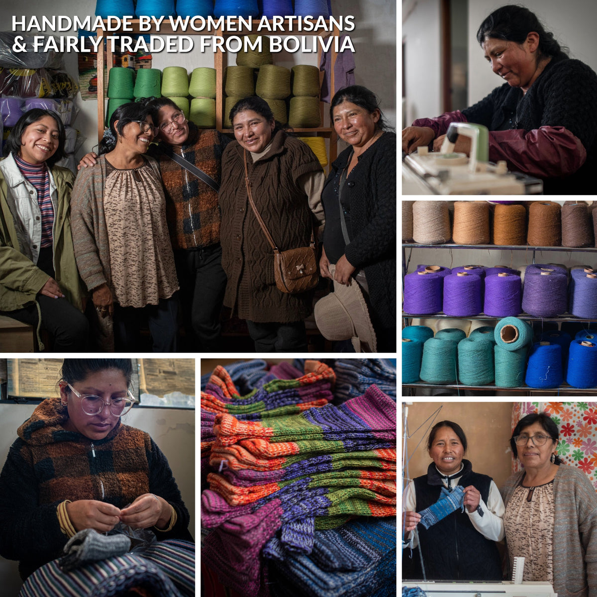 Collage of women artisans in Bolivia with yarn and textiles, highlighting fair trade and handmade products.