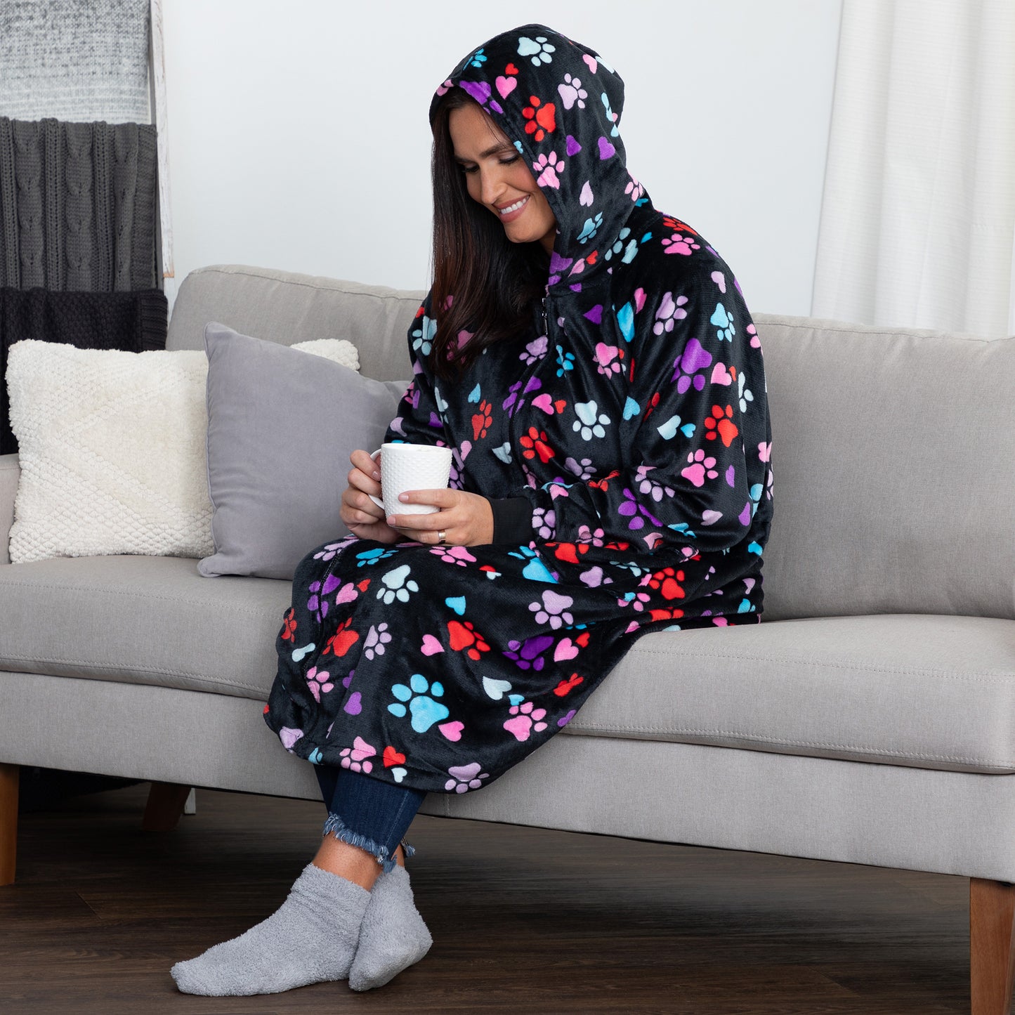 Super Cozy™ Paw Print Full Zip Blanket Hoodie with Waist Toggle