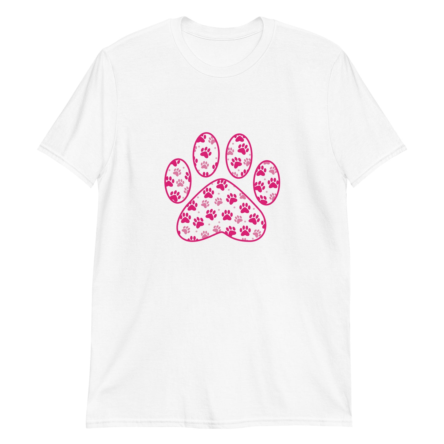 White short sleeve shirt with a pink paw print filled with mini pink paw prints