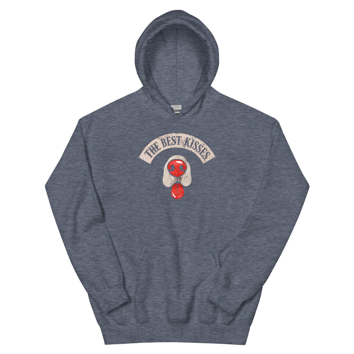 Heathered Gray hoodie with a dog nose and tongue sticking out design that reads "the best kisses" - on a white background