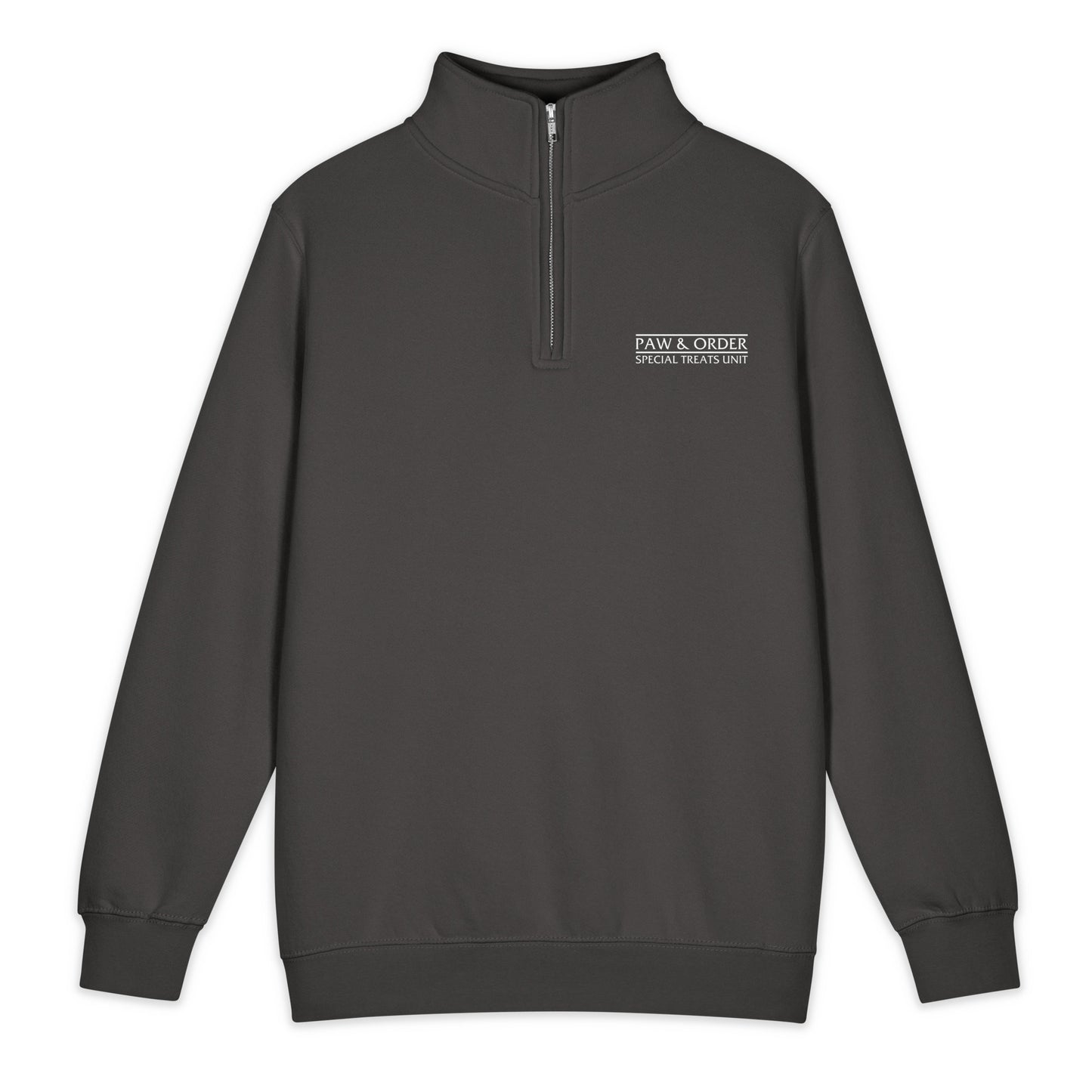 Dark gray quarter-zip sweatshirt with a logo on a white background
