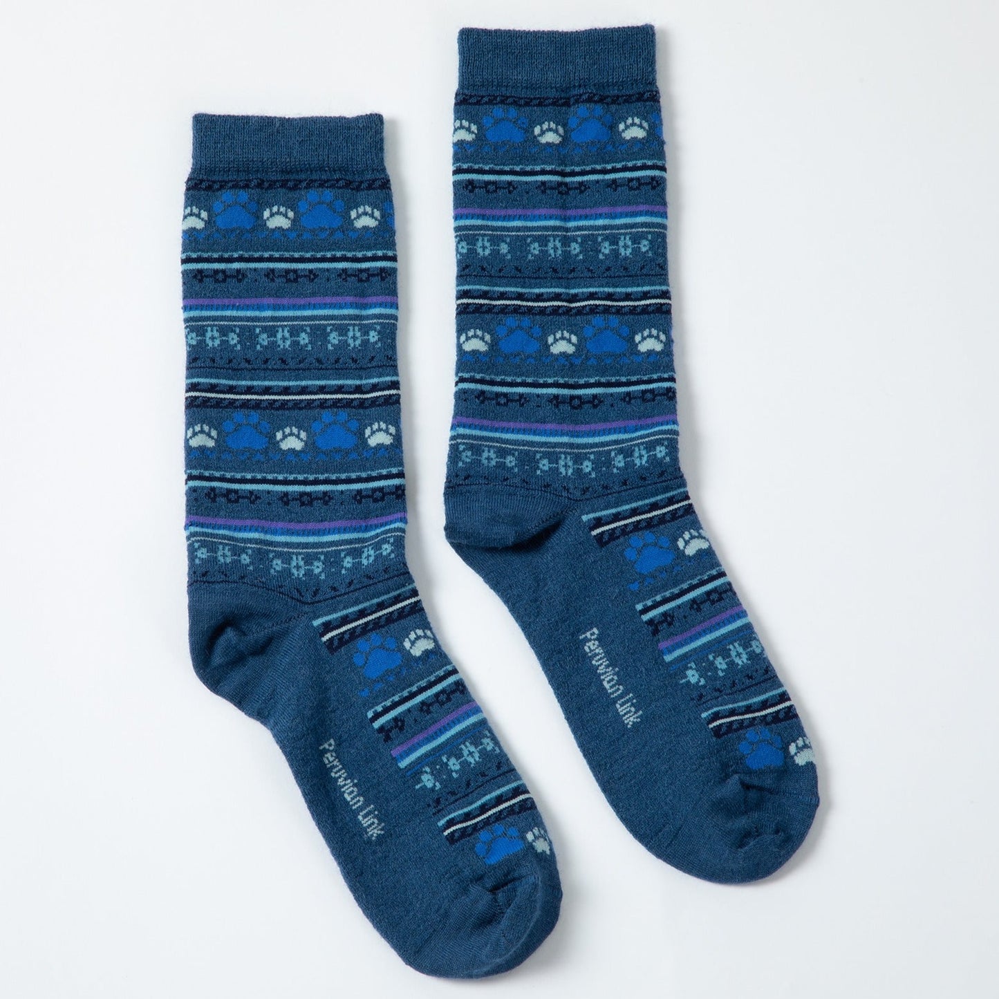 Blue paw print alpaca socks with a white background