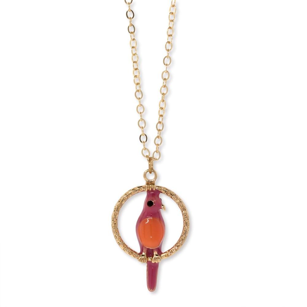 1928 Jewelry® Gold Tone Orange & Pink Enamel Parrot Hoop Necklace 16"Adj.