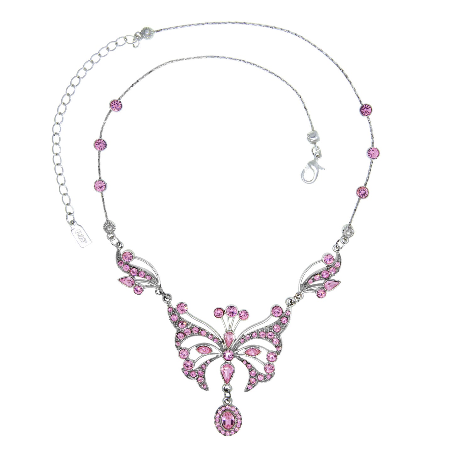 1928 Jewelry® Silver With Pink Swarovski Crystal Butterfly Necklace 15"Adj. In Black Box