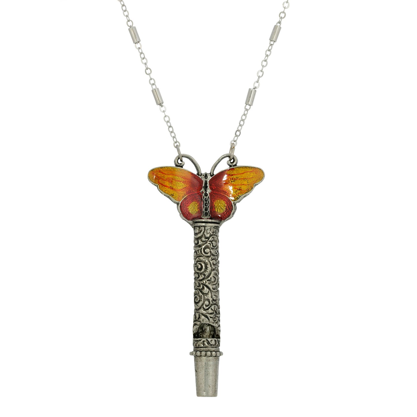 1928 Jewelry® Pewter Whistle With Orange & Yellow Enamel Butterfly Necklace 30"