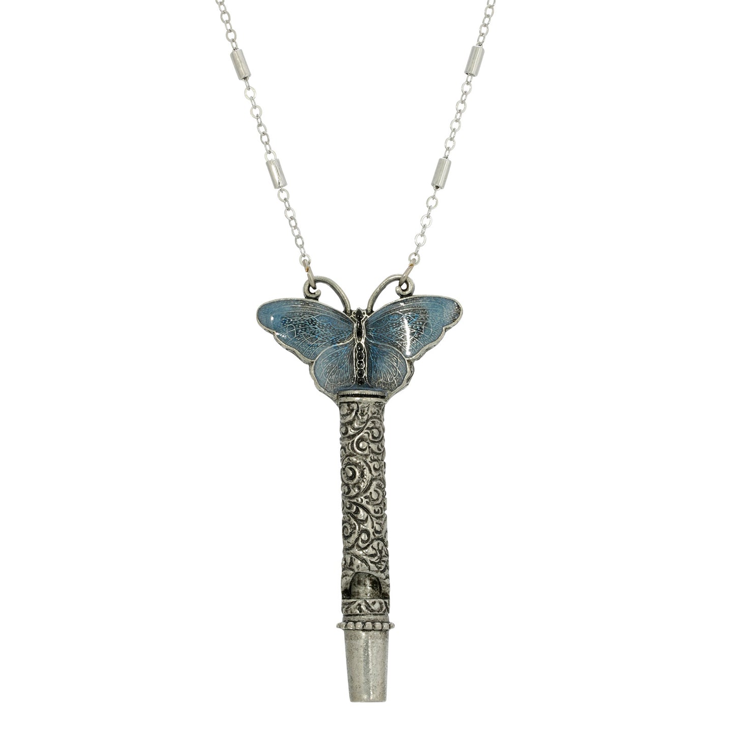 1928 Jewelry® Pewter Whistle With Blue Enamel Butterfly Necklace 30"