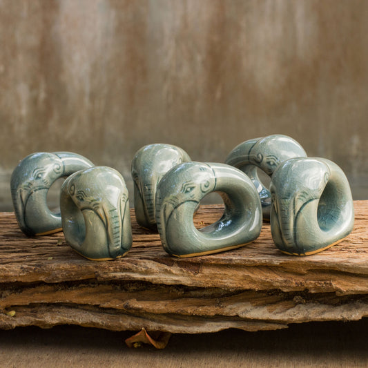 Guardian Elephant Blue Celadon Elephant Napkin Rings (set of 6)