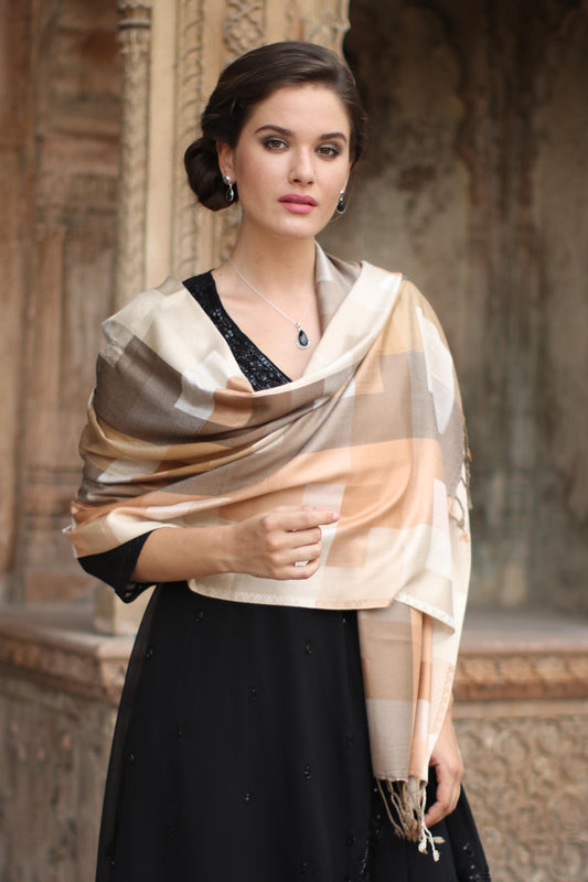 Earthy Story Indian Viscose Shawl with Geometric Pattern