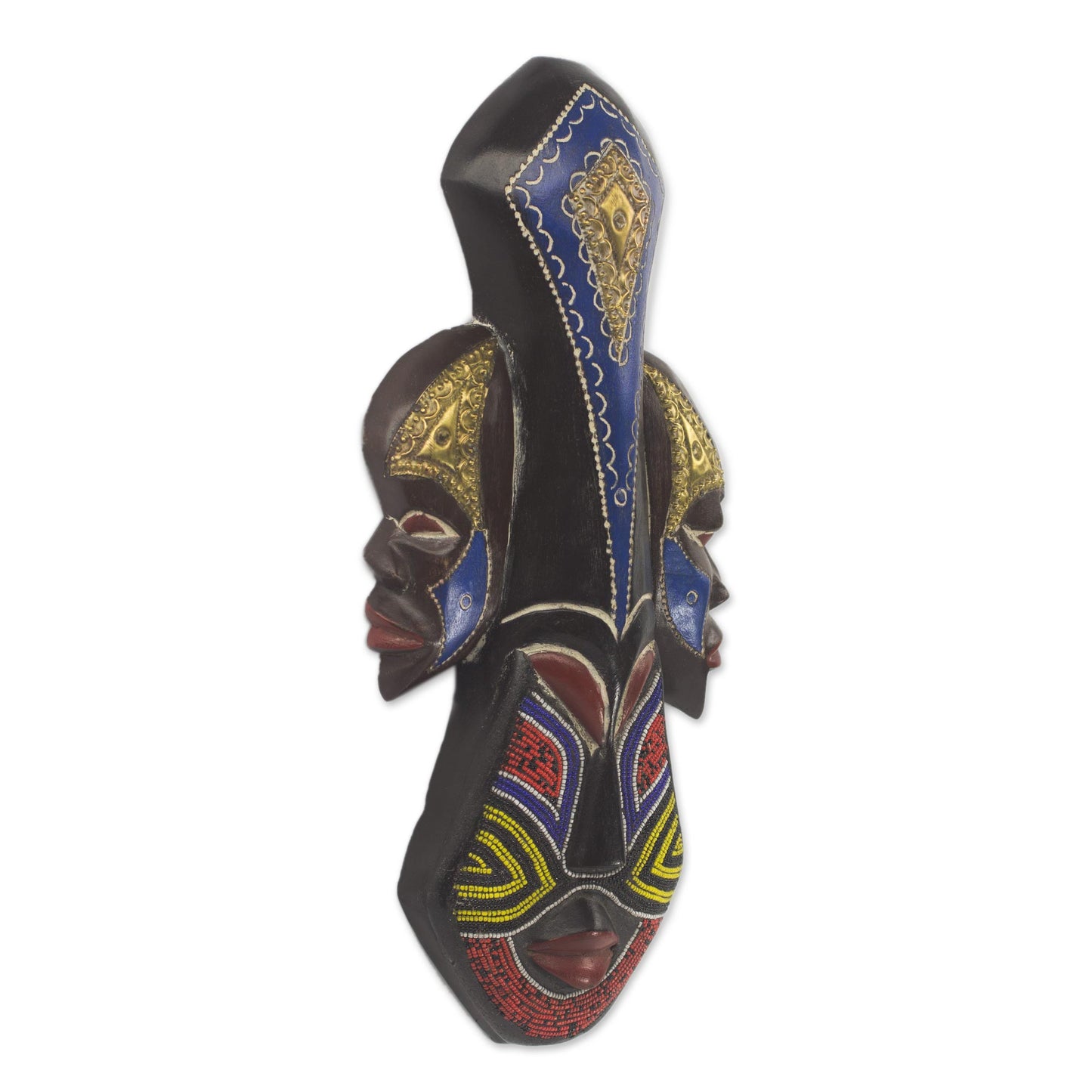 Glorious Work Beaded Wood Three Faced African Wall Mask Crafted by Hand